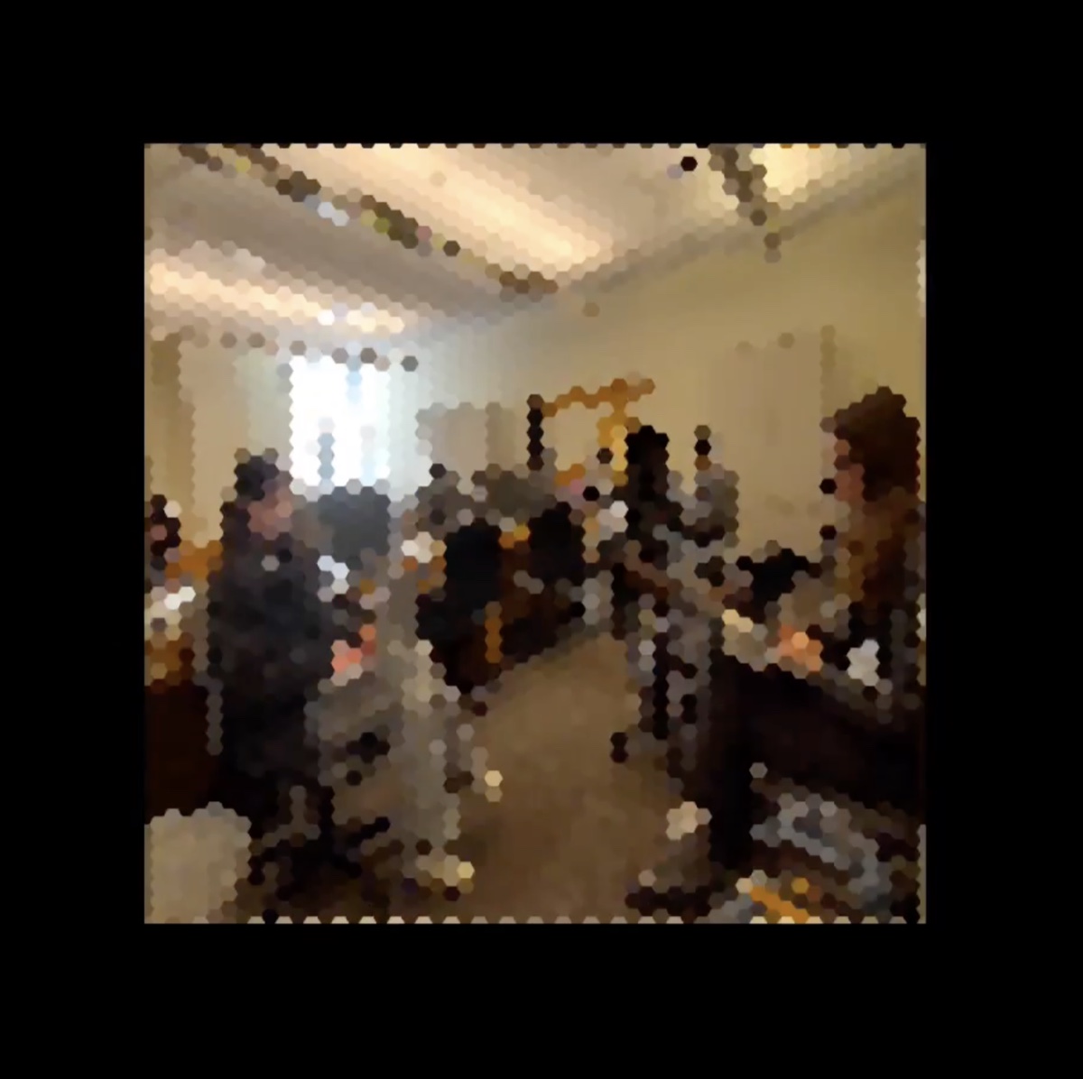 A room rendered as a mosaic of hexagonal tiles, simulating a bee's compound-eye vision.