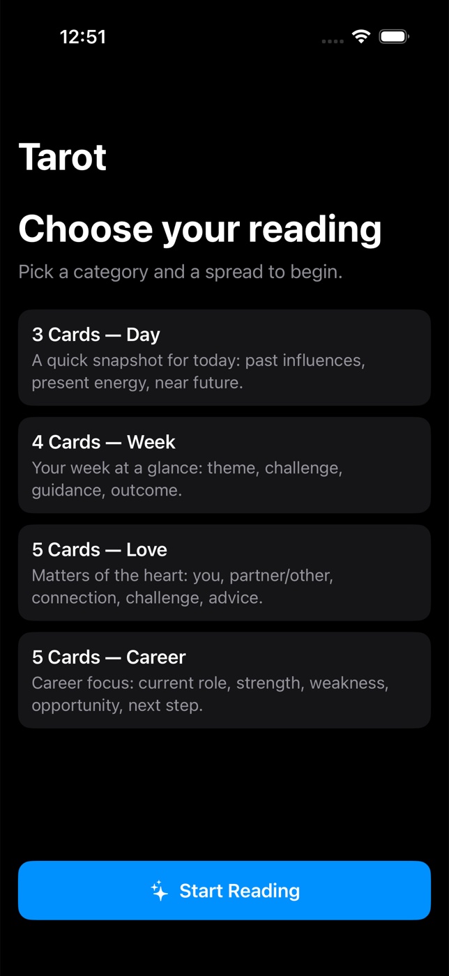The Tarot app's reading picker, listing 3-card Day, 4-card Week, 5-card Love, and 5-card Career spreads.