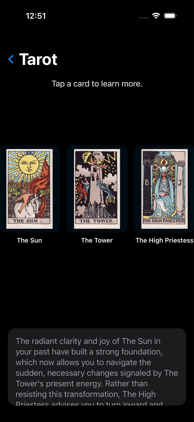 A three-card tarot spread — The Sun, The Tower, The High Priestess — with an AI-generated reading below.
