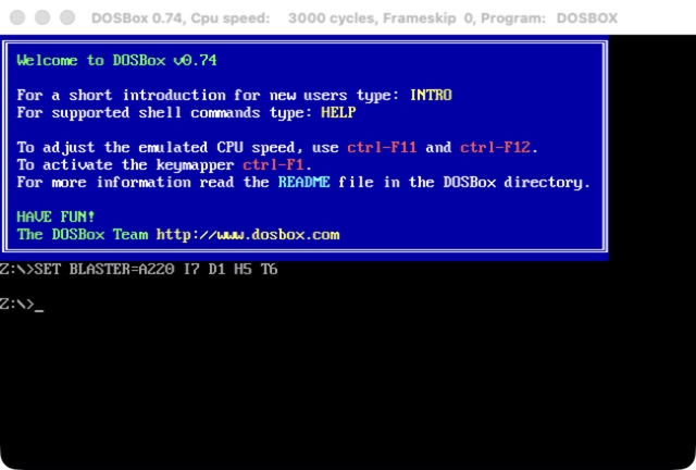 DOSBox 0.74 showing its welcome screen under mac32